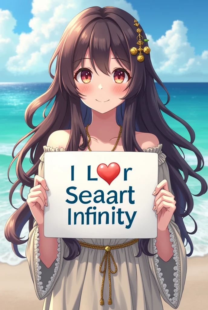 Beautiful girl with wavy long hair, bohemian dress, holding a white board with text "I Love Seaart Infinity" and showing it to the viewer
ANIME Hentai