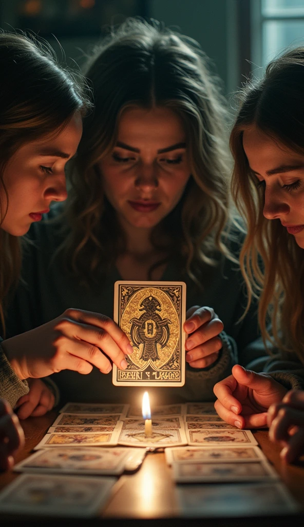 realistic photo, detailed photo, (4 different ages young women play the tarot card game, monster come out from the tarot card ,tarot card in hands, the bet is their life, woman lose everything and scared, )