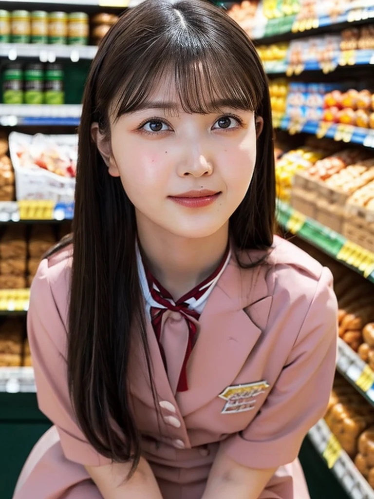 One Girl, (beautiful girl, Delicate girl:1.3), (14 years old:1.3),
break, (Uniform Costume:1.3),
break, (Sitting in the supermarket:1.2),
break, Very beautiful eyes, (Symmetrical eyes:1.3),
break, Small breasts, Brown eyes, Parted bangs, Brown Hair, (Upper teeth, The best smile:0.2),
break, (Eye and facial details:1.0),
break, (masterpiece, Highest quality, Very detailed, Detailed face, 8k)