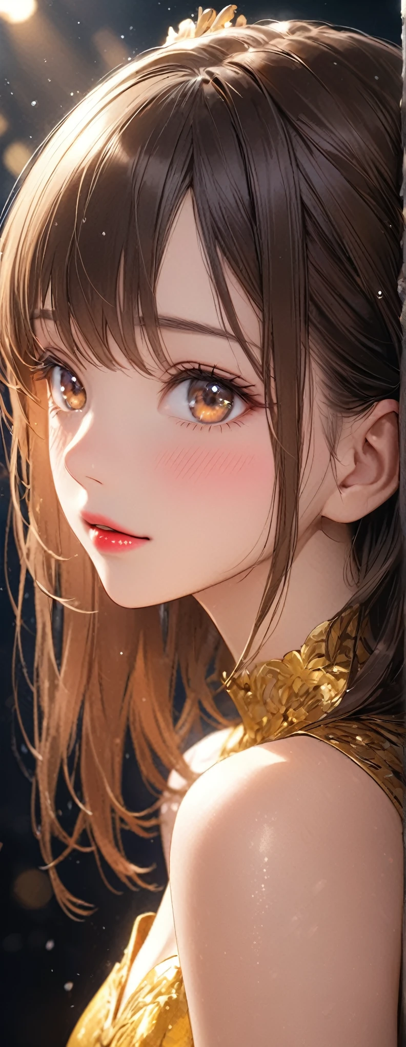 Straight Hair,Medium,Brown Hair,((Highly detailed golden sexy dress)), Looks about , (beautiful girl: 1.3),1girl,Highest quality,8k,Highly detailed CG unit wallpaper,masterpiece:1.2,Highest quality,Ultra-high resolution,RAW Photos,Realistic textured skin,Cinema Lighting,happy,Big Eyes,Detailed eyes,Watery eyes,weak,(Beautiful glossy lipstick,Perfect Makeup,Ultra-high definition beauty face,I close my eyes and shyly wait for a kiss,blush,face waiting for kiss