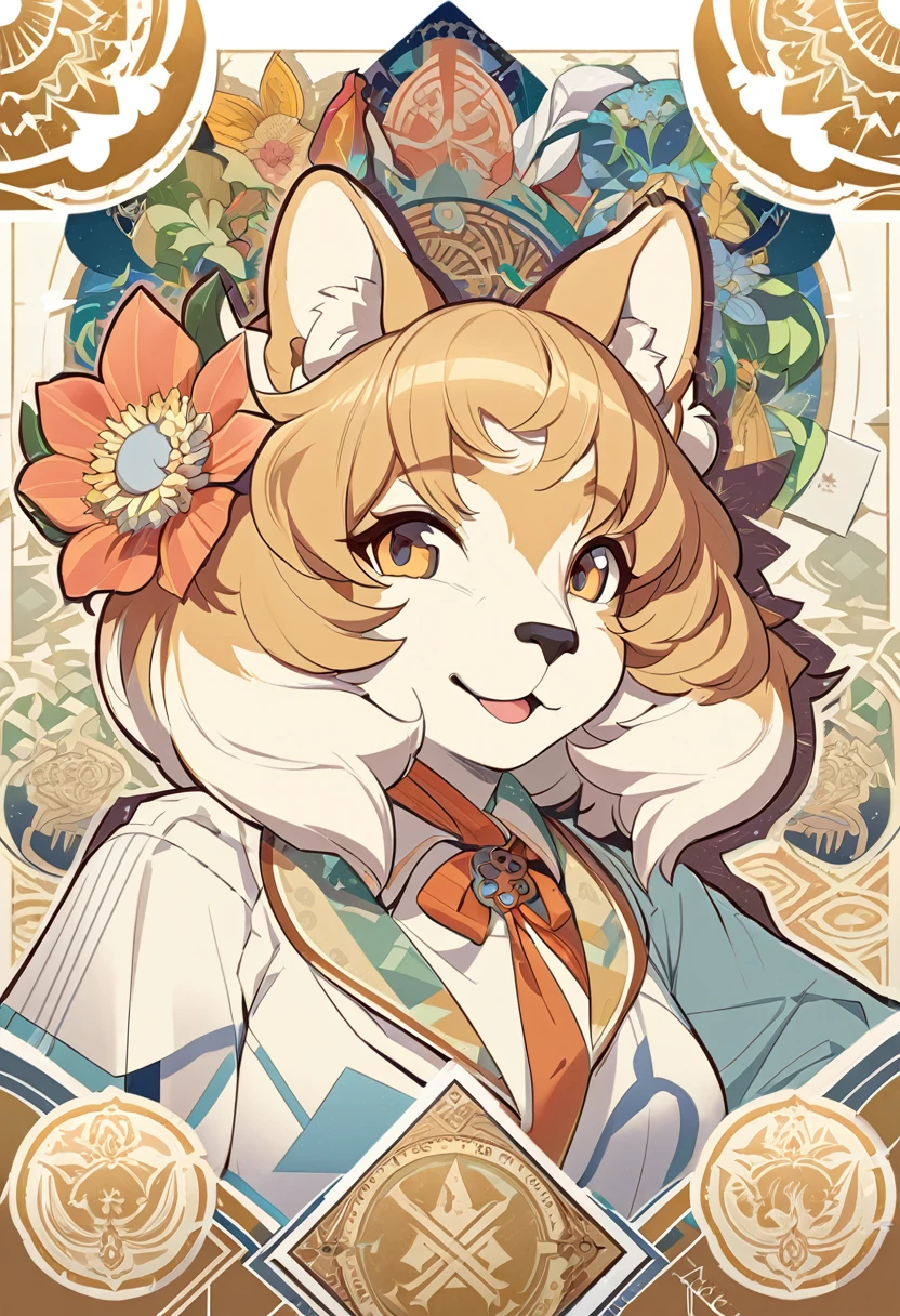 logo mark, stamp, Geometric pattern, vector-art, High-quality illustrations by Alfons Mucha, masterpiece(kemono, furry anthro)flower,