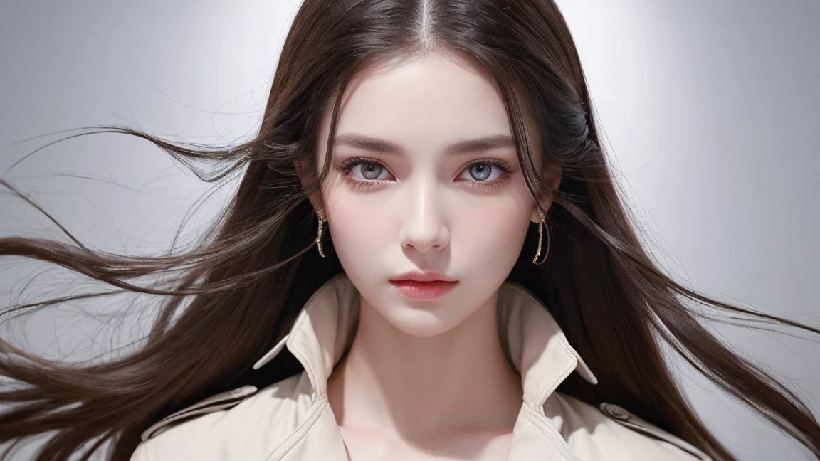 A beautiful woman with delicate facial features, piercing red eyes, and a serene expression stands against a pure white backdrop. She wears a long, flowing trench coat with a belt around the waist, adorned with elegant jewelry and a beauty mark below her eye. The image is a masterpiece, ultra-detailed and realistic, with vivid colors and professional-level quality.