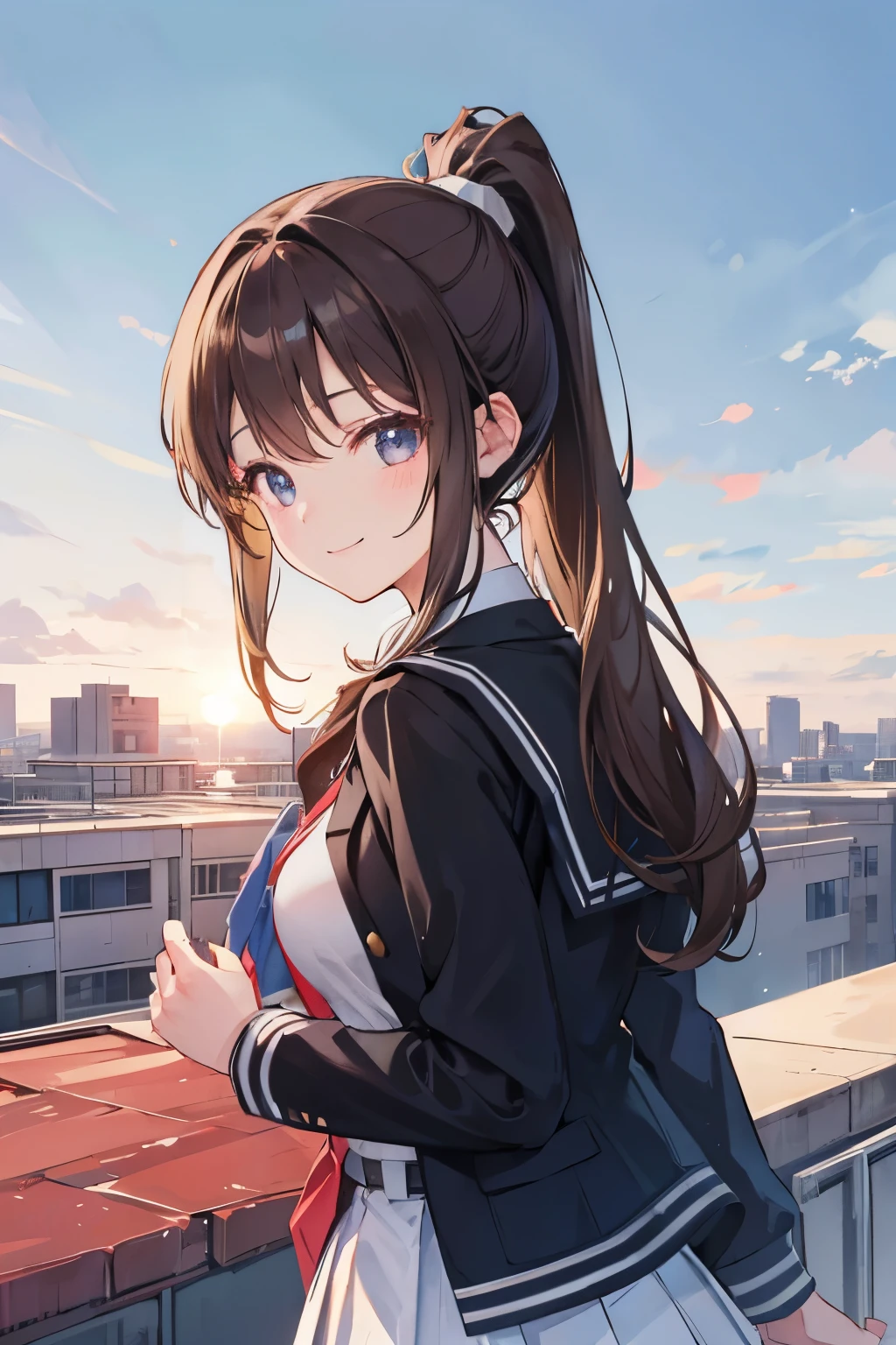School rooftop, brown hair in a ponytail, prestigious black highschool uniform, both of her hands behind her, smiling