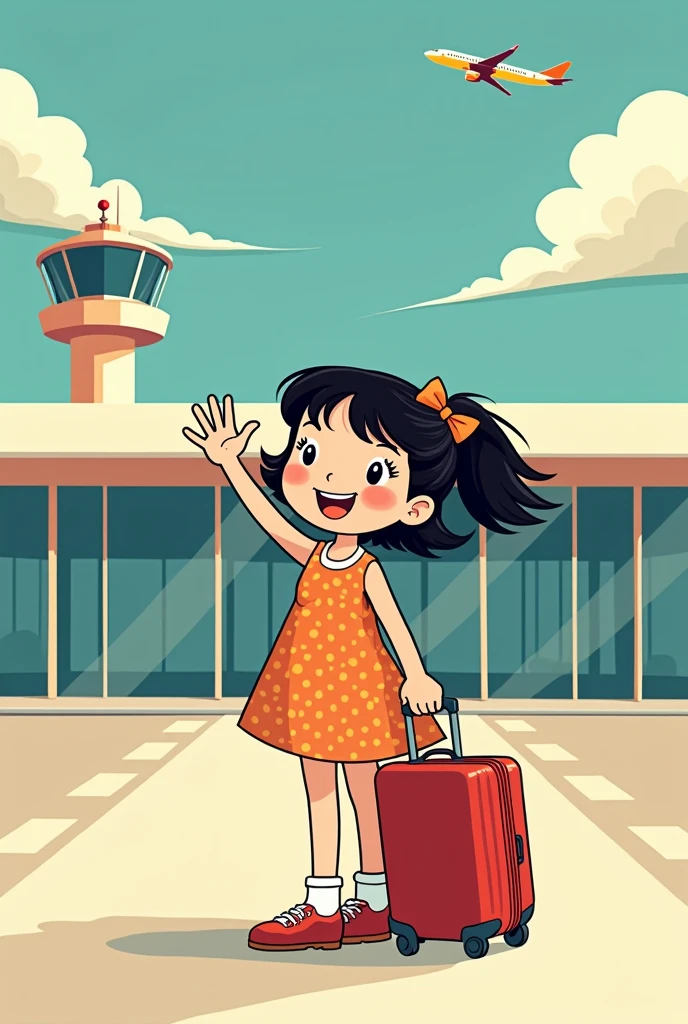 Little gulirl with a luggage standing outside airport building, waving her hand, holding a suiscase in her hand, retro style comics