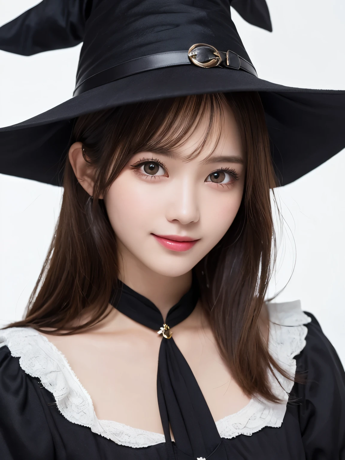 white background, half body portrait, bust shot, looks happy, smile, one girl, (a beauty girl, delicate girl:1.3), (20 years old:1.3), break, (witch costume, Witch hat, Witch clothes), break, very fine eyes, (symmetrical eyes:1.3), break, C cup breasts, brown eyes, parted bangs, brown hair, (smile), break, (eyes and faces with detailed:1.0), break, (masterpiece, best quality, ultra detailed, detailed face, 8k)
