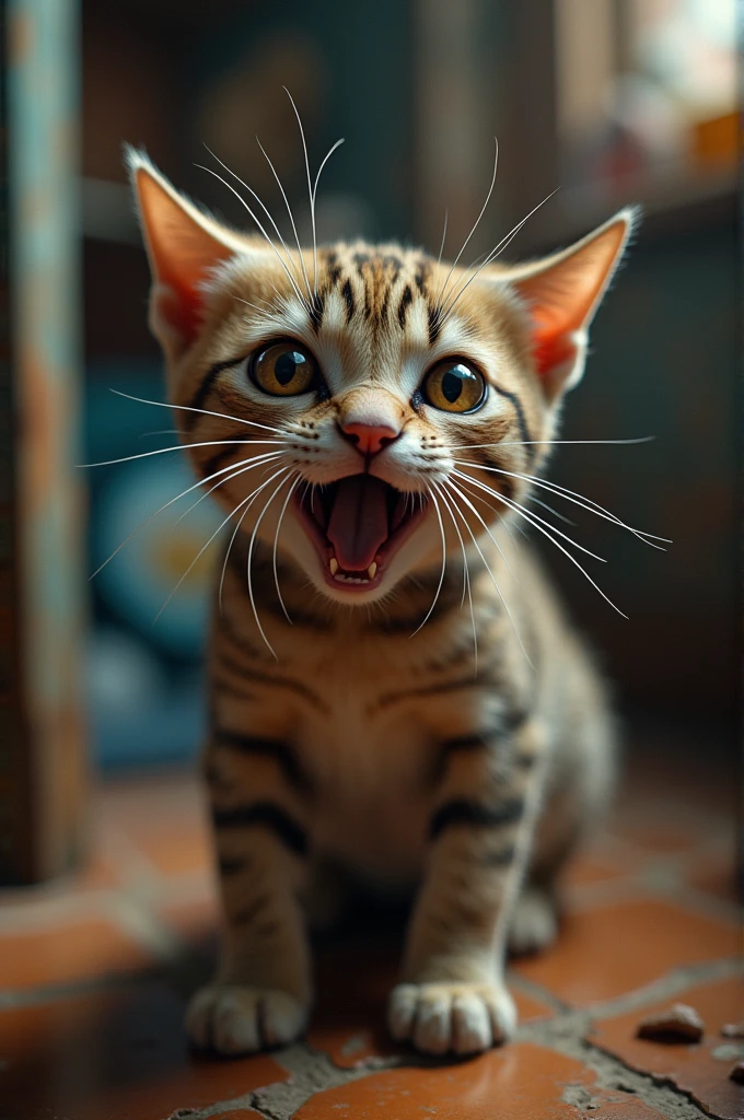 A trapped cat being photographed with the phrase I freaked out and threw the stick at Dona Chica
