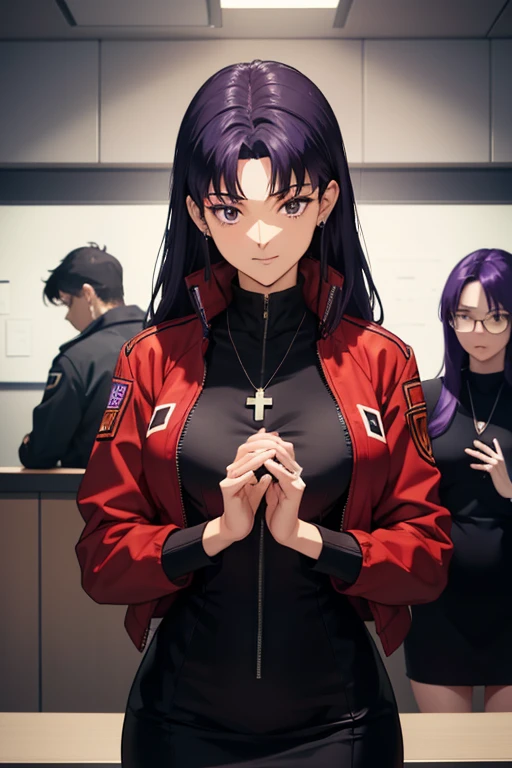 1womanl, attire: Black Bodycon,middlebreast、 short black tight dress, (((brown-eyed))), Purple hair, Medium Hair, a smile, cross necklace, tall, Slim body, (nffsw), (((Misato katsuragi))), NERV、Operation control room, (((Front view))), Looking at Viewer, Perfectly detailed face, fully detailed hands and fingers, Masterpiece 1.1, Trending on ArtStation, pixiv quality, (((fine art:chin))), Intricately detailed, ultra graphics, SFW version, (((Mature 1.1))), attire: jacker, Red jacket, Symmetrical face、