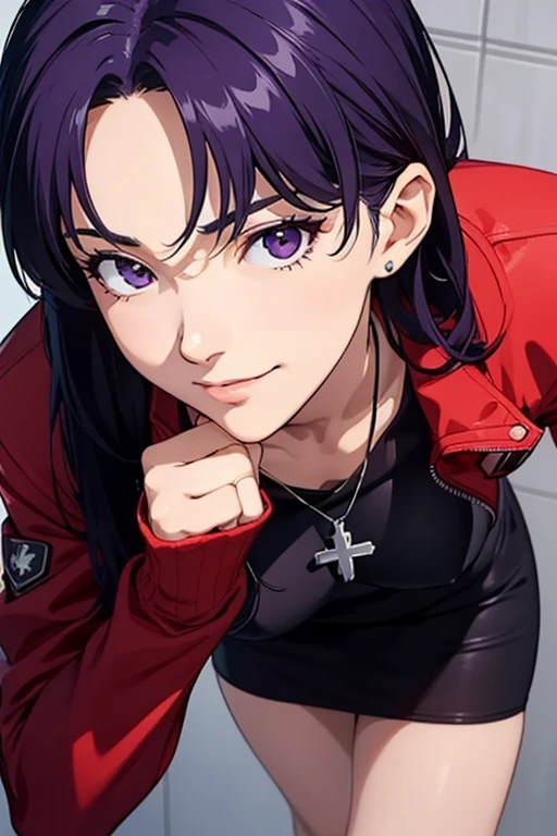 1womanl, attire: Black Bodycon,middlebreast、 short black tight dress, Black eyes, Purple hair, Medium Hair, a smile, cross necklace, tall, Slim body,  (nffsw), (((Misato katsuragi))),  NERV、Operation control room, (((Front view))), Looking at Viewer,  Perfectly detailed face, fully detailed hands and fingers, Masterpiece 1.1, Trending on ArtStation, pixiv quality, (((fine art:chin))), Intricately detailed, ultra graphics, SFW version, (((Mature 1.1))), attire: jacker, Red jacket, Symmetrical face、