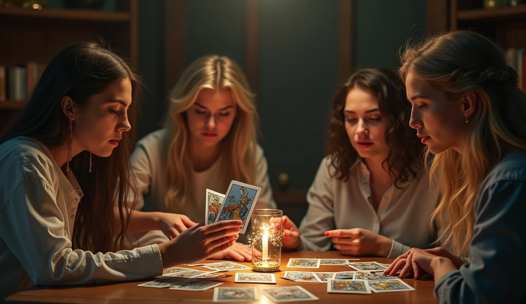 realistic photo, detailed photo, (4 different ages young women play the tarot card game, monster come out from the tarot card ,tarot card in hands, the bet is their life, woman lose everything and scared, )