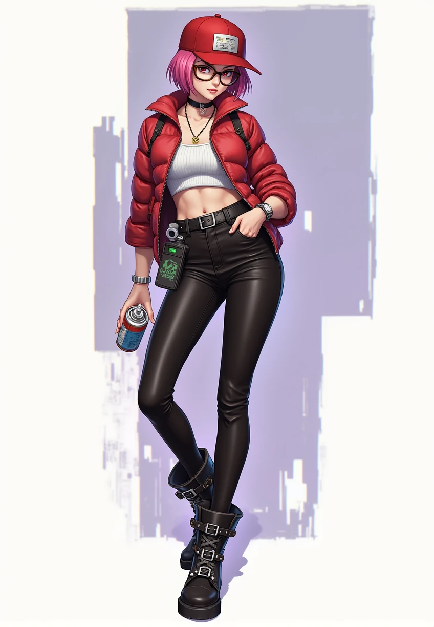 Cool street style,Female character wearing a striking red baseball cap,Short pink hair attracts attention,Brown glasses add a bit of intellectuality。Wearing a short red down jacket,Hand holding graffiti spray paint,Every step exudes creativity。Tight leather pants complement long legs,Wear a spray paint bottle on your waist,Black belt to tighten waist,The leather boots are full of metal buckle details,White vest simple inner wear,Young and stylish,Full of personality。