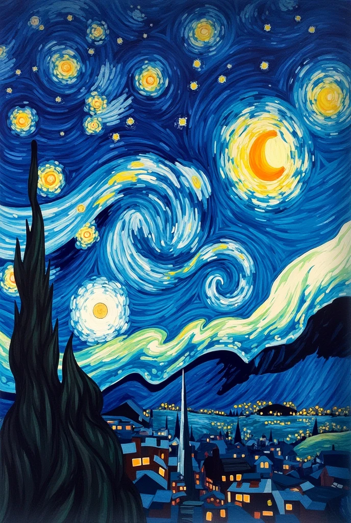 Colorful Vincent Van Gogh Starry Night Sky :: 电影级 16k 分辨率masterpiece插图油画, watercolor and ink :: Spiral galaxy in the sky :: Alien invasion fleet :: Frisco watercolor and oil painting sky raining shooting stars twinkling stars glittering stars sparkling stars big full moon stars :: Ivan Aivazovsky Kentaro Miura Gustav Doré Greg Rutkowski Romantic naturalism Starry night landscape :: Complex patterns,Perfect composition,masterpiece,Crazy details,Extremely detailed,Ultra detailed,Beautiful volume,deep,Rich colors,Volumetric Lighting,shadow,Ray Tracing,smooth,Perfect texture :: James Webb Space Telescope