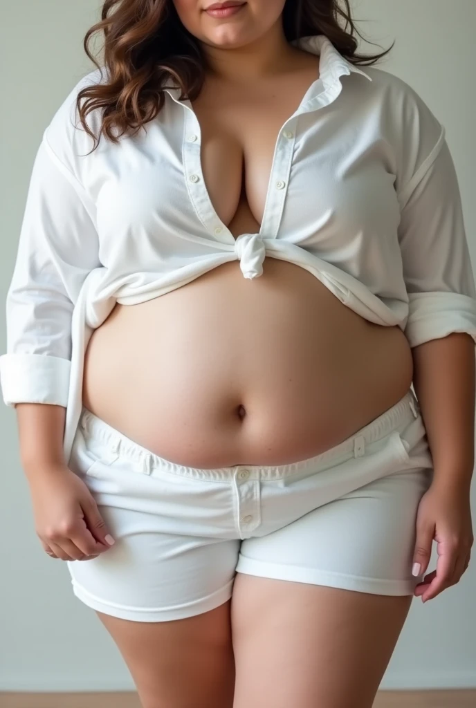 a close up of a woman in a white shirt and shorts, thicc, she has a jiggly fat round belly, thick body, beautiful thick female, her belly is fat and round, curvy hourglass figure, thick, skinny waist and thick hips, curvy model, middle body shot, bbwchan, voluptuous body, thick thighs, very curvy, , chubby cheeks 