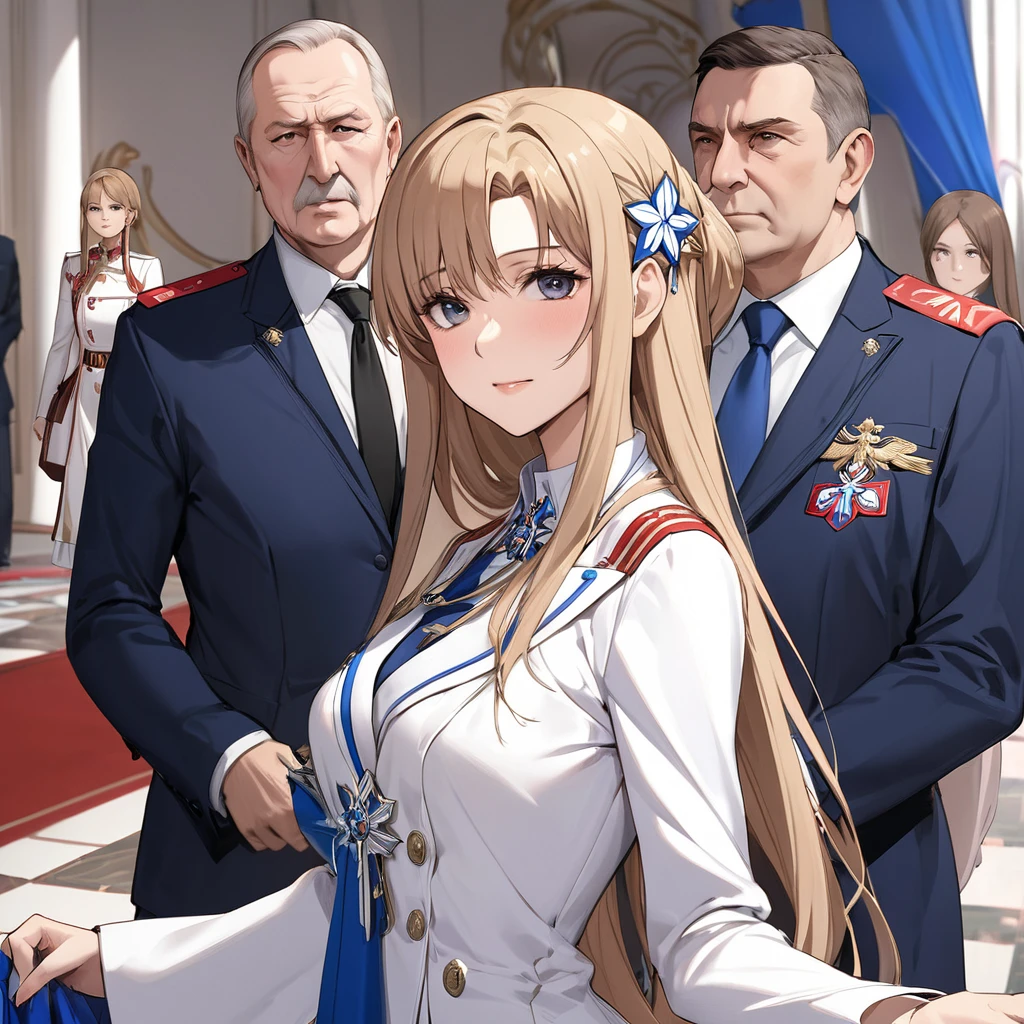 ((Highest quality)), ((masterpiece)), (detailed), (Perfect Face)、The woman is Yuuki Asuna, a Russian with light brown, semi-long hair.、The woman is a member of the United Russia party and is beautifully dressed in the fine attire and luxurious accessories appropriate for a party member.、She is a United Russia member who is dedicated to the cause of a great United Russia, and she deeply respects and worships the leader of the Great Russian Party, a United Russia supremacist.、The woman is working for a great Russia, accompanying and following the great United Russia officials.