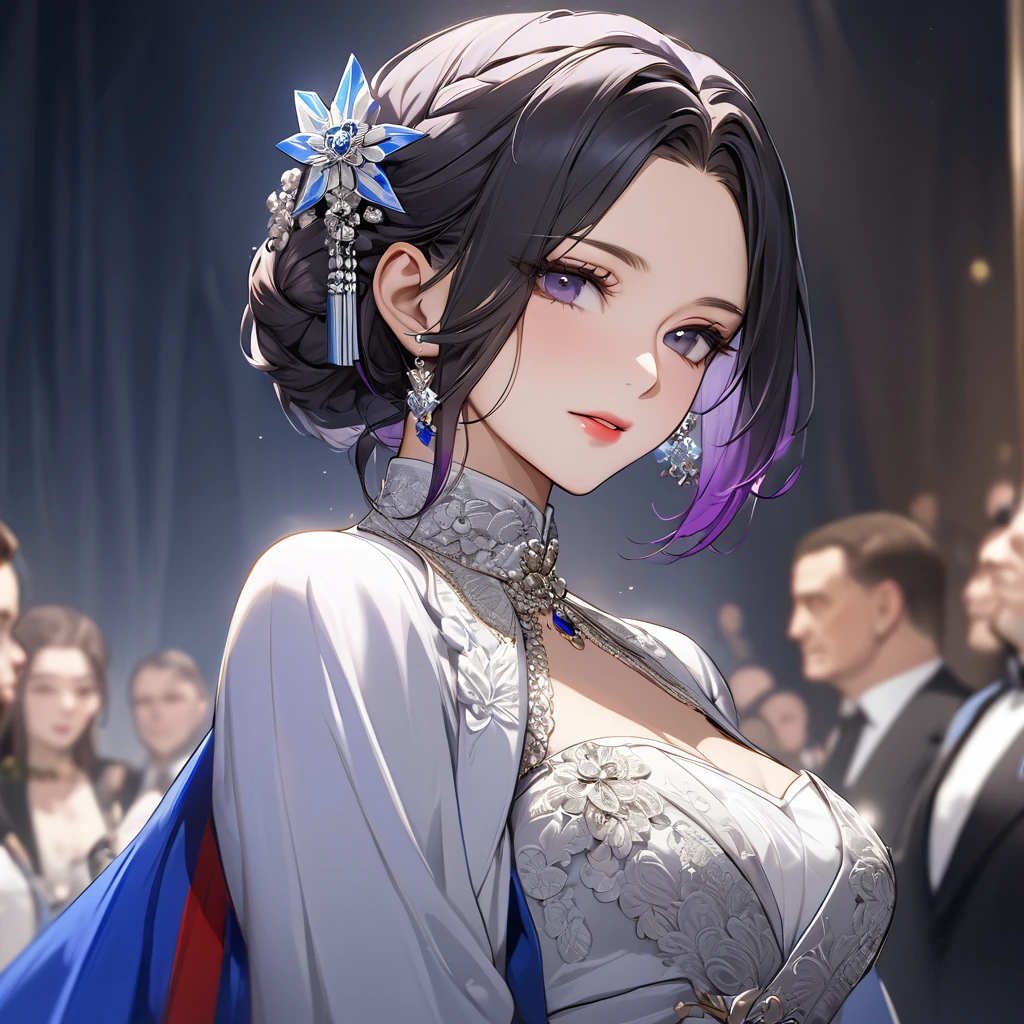 ((Highest quality)), ((masterpiece)), (detailed), （Perfect Face）、The woman is Shinobu Kocho, a Russian with black hair in a purple gradient bob style, tied up in a formal evening hairstyle.、The woman is a member of the United Russia party and is beautifully dressed in the fine attire and luxurious accessories appropriate for a party member.、She is a United Russia member who is dedicated to the cause of a great United Russia, and she deeply respects and worships the leader of the Great Russian Party, a United Russia supremacist.、The woman is working for a great Russia, accompanying and following the great United Russia officials.