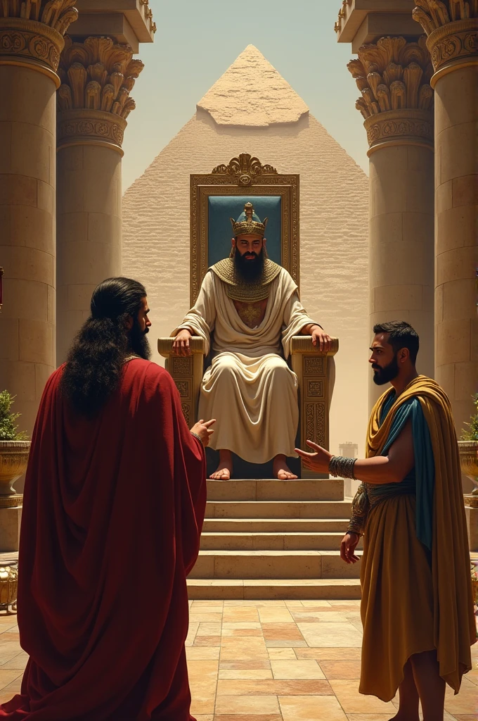 Create an image of Moses and Aaron talking to Pharaoh King of Egypt
