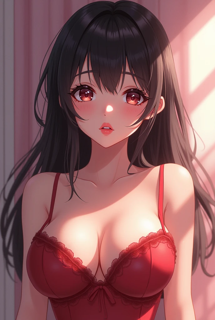 Anime-style girl with emphasized breasts makes her face more lewd