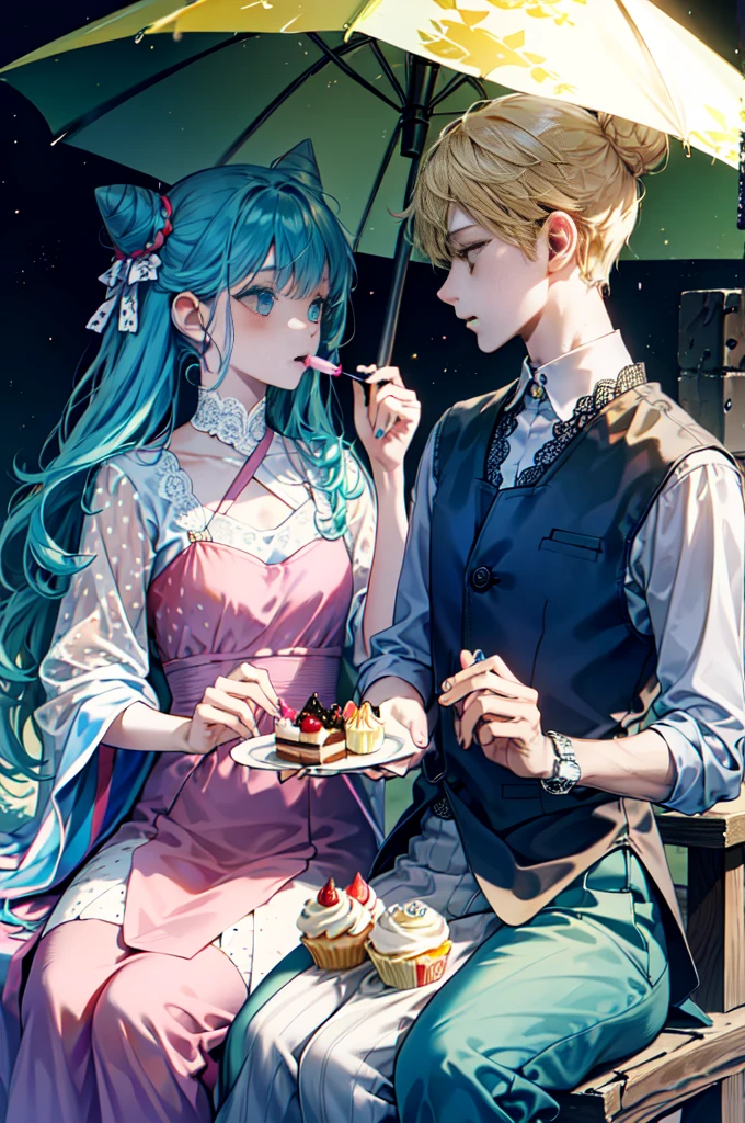 1boy in, ((comic strip))、(Multiple texts)、(Voice bubbles)、Pastel muted colors,holding a pastel umbrella、umbrellas、 (The color palette is yellow:1.2, Blue:1.2, Pink:1.2), (Blue hair bun and blonde), Short Fashion outfit, Sitting on a throne made of sweets and pastries, For example, donut, sprinkle, candy, lollipop, candy cane, a cake, cupcake, Cake Pop, Ruffles and lace, polka dot, Long bat ears