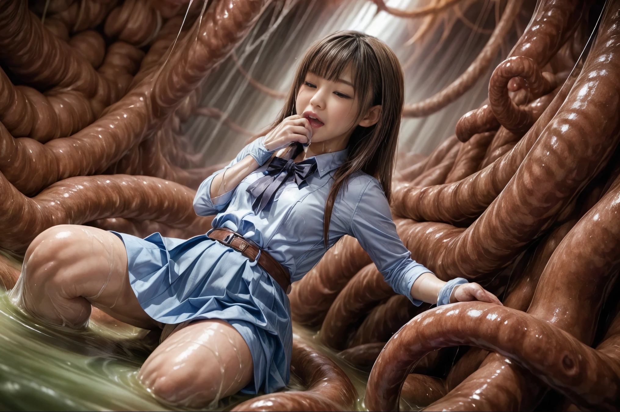 creepy tentacles are (((licking))) Asian school girl (inside creature:1.4) of stinky saliva fluids in fantasy, (stinky dress), wet girl, sitting, ((looking at the viewer)), wet skin, bukkake, anguished, bound by slimy tentacles, bdsm, vine, sitting in a mirror, she is resisting from cum shot, fetish, pussy juice stain, (she is hiding her mouth:1.5) inside creature, slimy ((wet skin)) dripping, (beautiful eyes), dried saliva, ((steaming)), depth of field, 1girl, solo, censored, ((white blouse)), skirt, bowtie, school girl, vore, photorealistic, womb cave filled with slime and saliva, wet