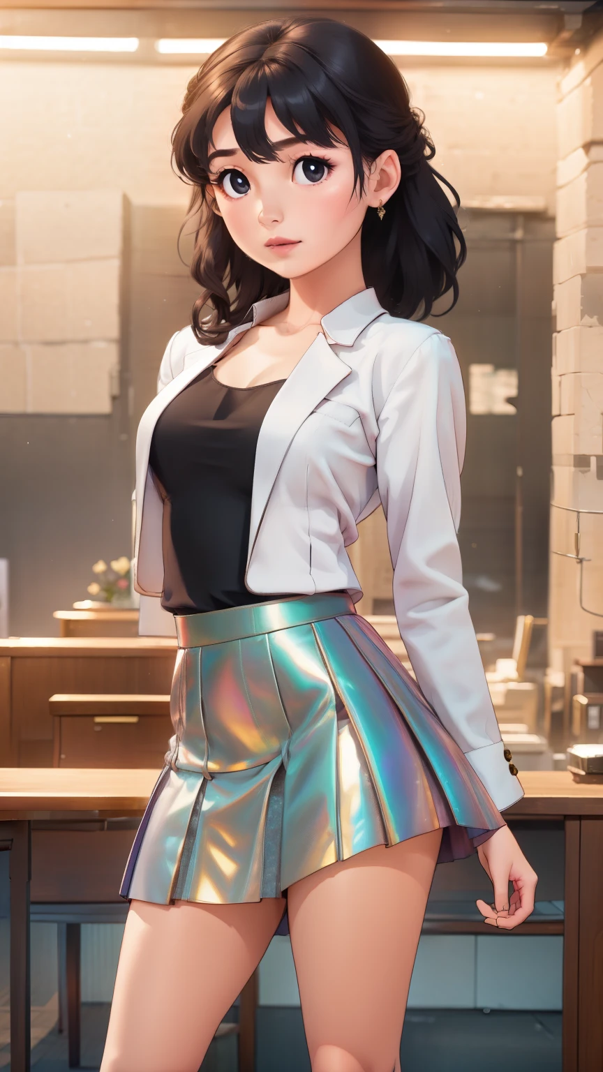 Top Quality, Masterpiece, 1 Girl, Beautiful Face, (Photorealistic Picture:1.3), Rim Lighting, (High Detail Skin:1.2), 8K UHD, DSLR, High Quality, High Resolution, 4K, 8K, Bokeh, Absurdity, Best Ratio Four Fingers and One Thumb, (Real:1.3), Small Face, Cute One Girl, Black Formal Blazer, Middle Breast, Short Skirt,Office
