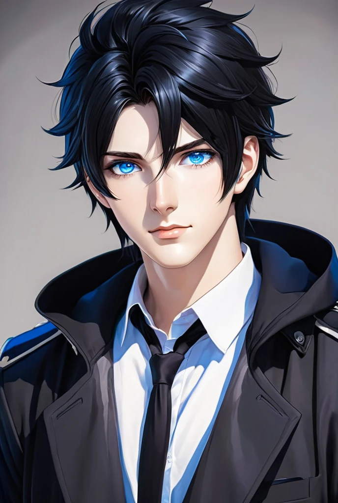 Handsome beautiful manly college boy with blue eyes, black hairs in anime style image