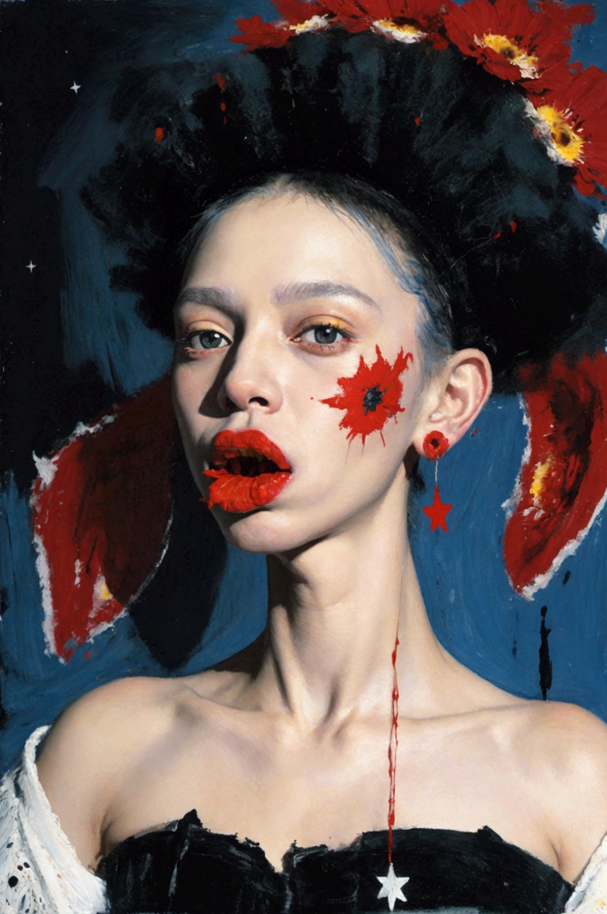 ** flat oil painting depicting a bald albino old man, "big mouth", crazy look, "with a red flower in his hand", "big head and long thin neck", "black night studded with stars", graffiti by Jean-Michel Basquiat.**black background and stars