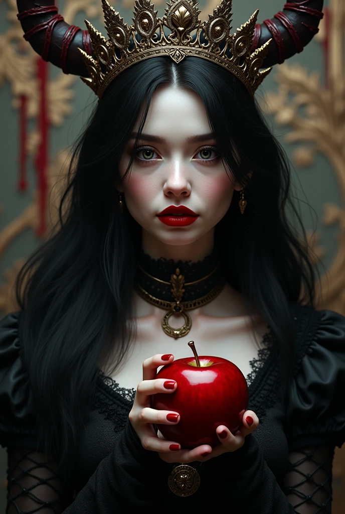 ((RAW Photo), absurd, (absurdresolution)), masterpiece, best quality, (Extremely detailed 8k unity CG wallpaper), (best illustration), (best shadow), Realistic lighting, beautiful detailed glow, ((21 years old)), girl, long black hair, black queen, accessories, apple in hand, poisoned apples, witch queen, red lipstick, (((Photographic Perspective of her)))