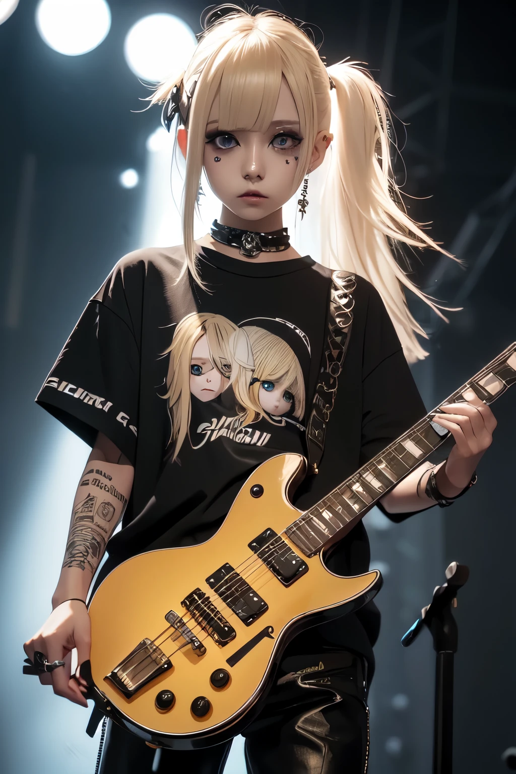 High quality picture, masterpiece, 4k. luminous, reality, blond bobbed hair, punk style t-shirt, hot trousers, playing electric guitar, big eyes, lame eyeshadow, on stage with spotligh