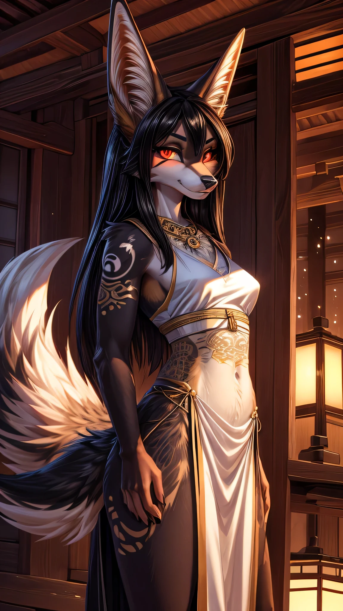 Masterpiece Best quality, the best definition to, two girl ( 1 girl: white girl jackal, second girl black jackal,like ying amd yang) add aesthetic and lighting details white girl jackal, egiptian clothes, girl, ,white body, japanese shrine landscape, golden tattoo body, sensual eyes, red pupil, glowing eyes.