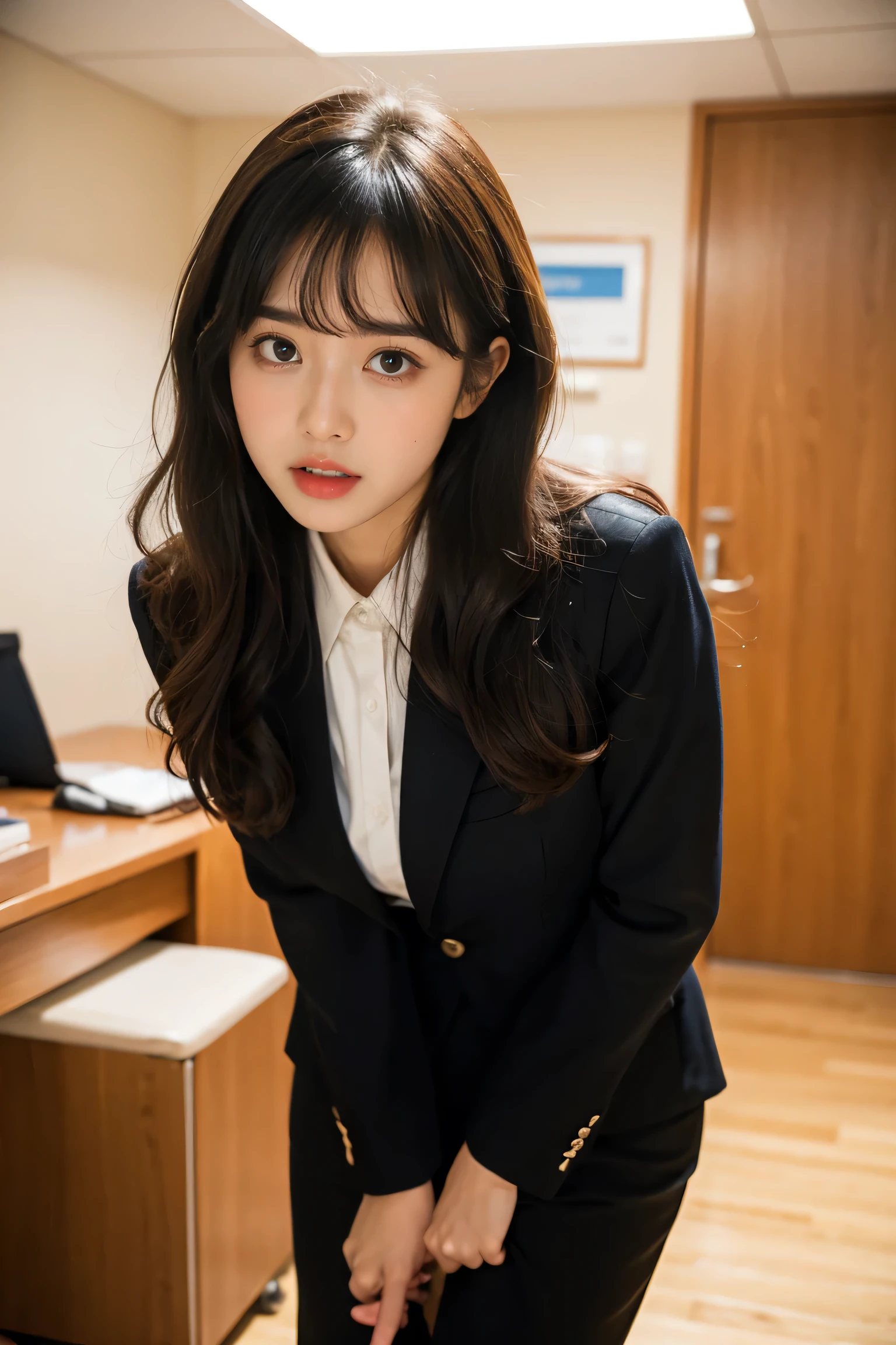 Urzan-6500-v1.1, (RAW Photos:1.2), (Realistic:1.4), Beautiful detailed girl, Very detailed eyes and face, Beautiful and detailed, Ridiculous, 信じられないほどRidiculous, Huge file sizes, Very detailed, High resolution, Very detailed, Highest quality, Tabletop, One Girl, 16 years old, ((Very detailed)), ((Dynamic pose))), (Camel Toe), (Open your mouth)),((Droopy eyes)),((Round face)),((Curl the inside of your hair)), （avert your eyes：1.1),Face close-up、Upper Body、Black costume、With bangs、((thin))、the body is slim、((Looking down)、((Eyes Wide Open))、(Black office suit))、((Formal office suit))、skirt、shout、Sing a song、Open your mouth,