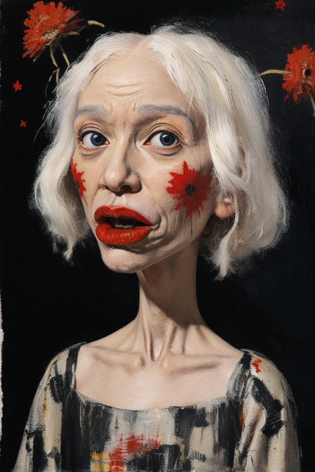 ** flat oil painting depicting a bald albino old man, "big mouth", crazy look, "with a red flower in his hand", "big head and long thin neck", "black night studded with stars", graffiti by Jean-Michel Basquiat.**black background and stars
