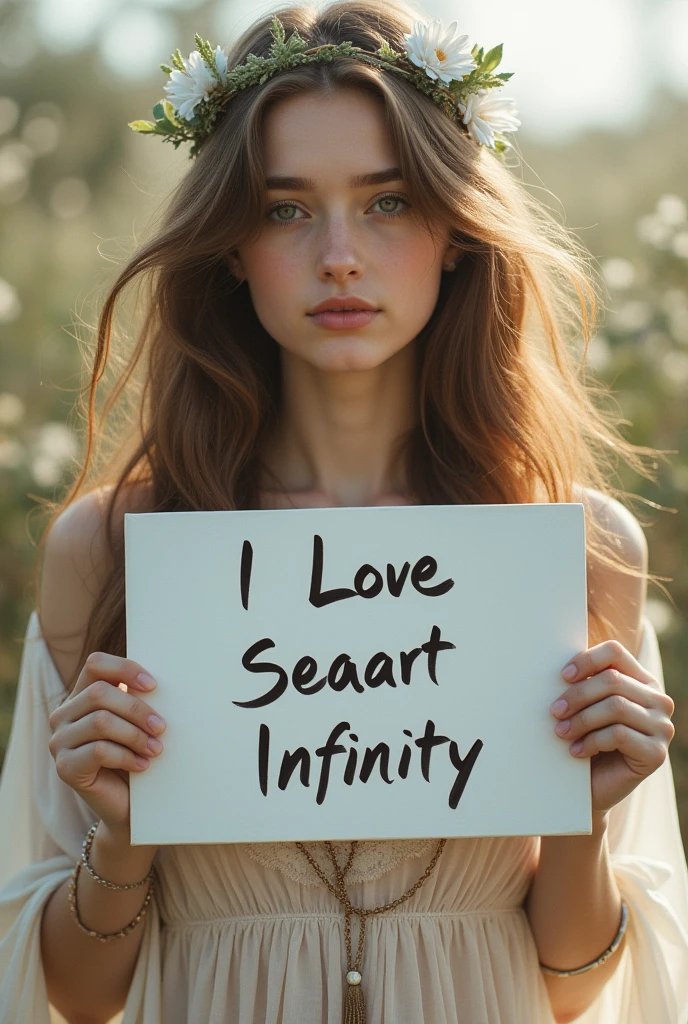 Beautiful girl with wavy long hair, bohemian dress, holding a white board with text "I Love Seaart Infinity" and showing it to the viewer