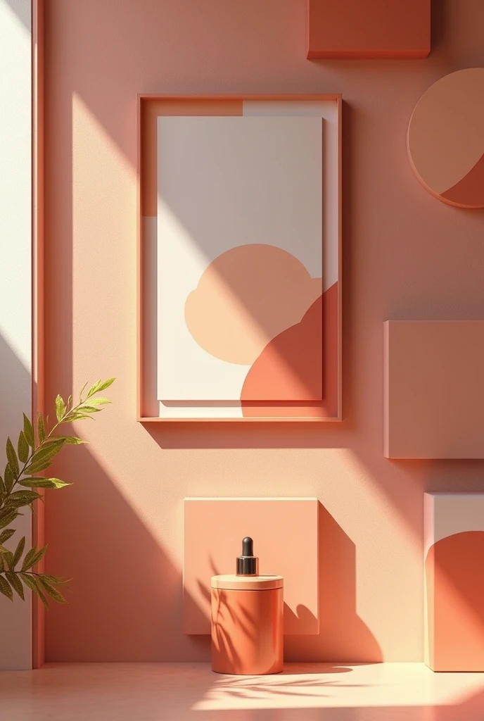 
  Wall art displaying a range of colors representing different skin tones, with the Tinted serum placed in front and the design is simple wall-mounted art pieces with color swatches or abstract representations of skin tones.