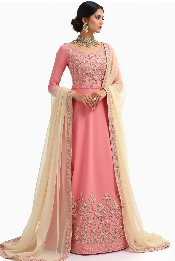 "A beautiful pink Punjabi-style dress with intricate and elegant embroidery. The dupatta is in a light cream color, with the embroidery also in cream. The overall look of the dress is very decent and gorgeous."fashion designer sketch
