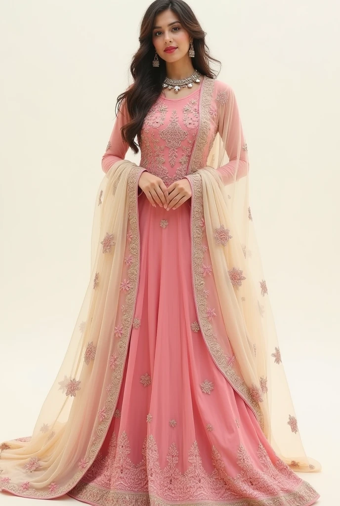 "A beautiful pink Punjabi-style dress with intricate and elegant embroidery. The dupatta is in a light cream color, with the embroidery also in cream. The overall look of the dress is very decent and gorgeous."fashion designer sketch
