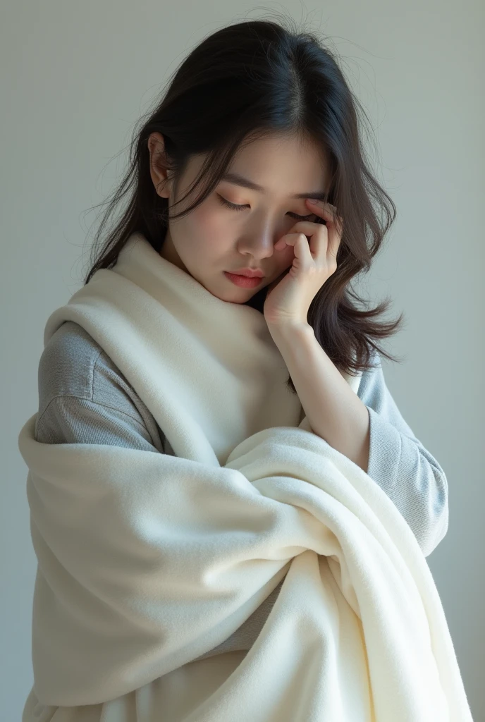 A Woman wearing a Grey Shirt Holding a White quilt away from her Body with one Hand and covering her eYes with the other Hand