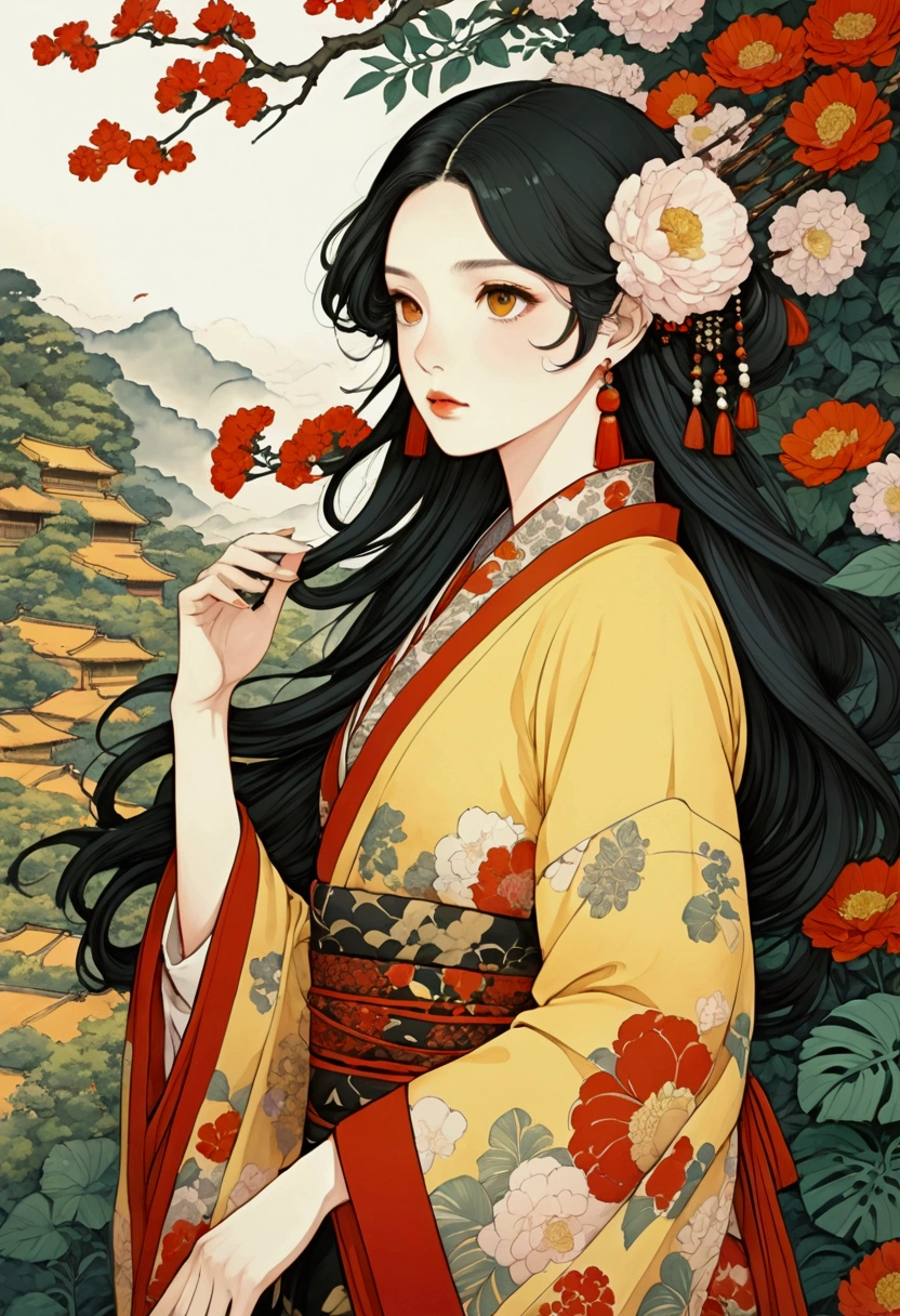 2D, Pastel colors, watercolor, Low color saturation,
Line Art, ((Inspired by Takato Yamamoto)),
1 Girl, Solitary, Long hair, Hair accessories, Long sleeve, skirt, Keep, Brown eyes, Jewelry, Shut up, Upper Body, Weaving, earrings, Artist Name, Pattern, Wide sleeves, necklace, plant, yellow 花,
