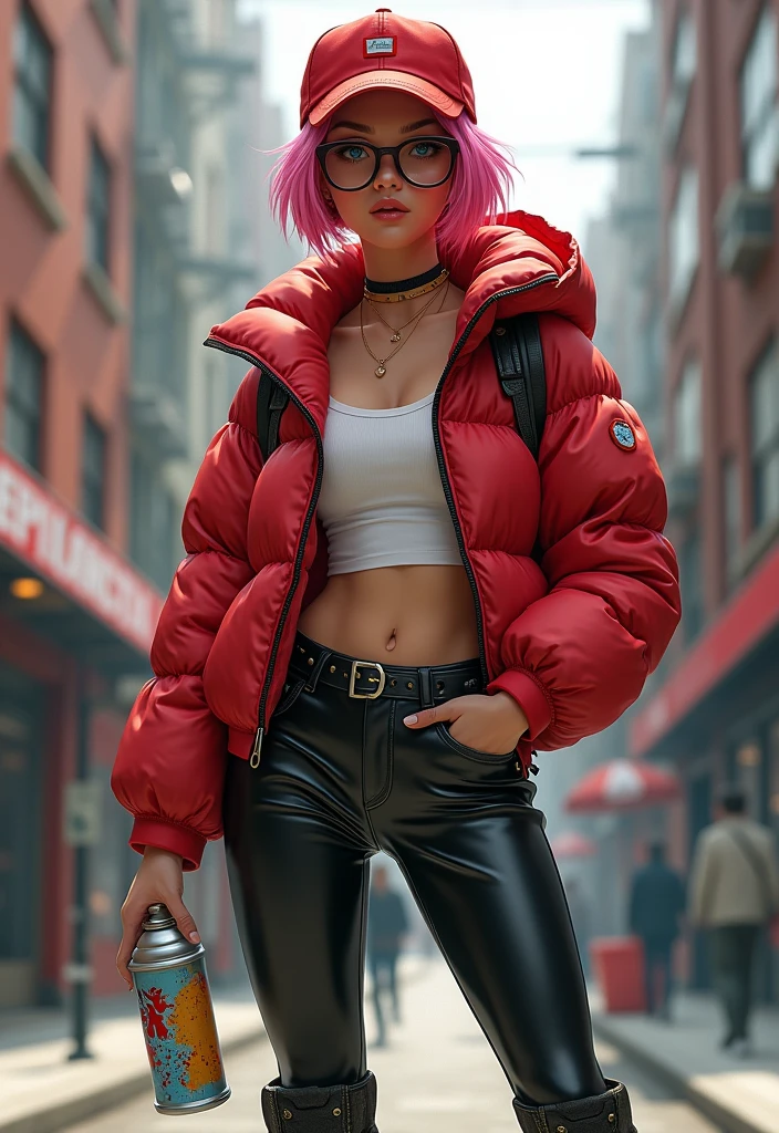 Cool street style，Female character wearing a striking red baseball cap，Short pink hair attracts attention，Brown glasses add a bit of intellectuality。Wearing a short red down jacket，Hand holding graffiti spray paint，Every step exudes creativity。Tight leather pants complement long legs，Wear a spray paint bottle on your waist，Black belt to tighten waist，The leather boots are full of metal buckle details，White vest simple inner wear，Young and stylish，Full of personality。