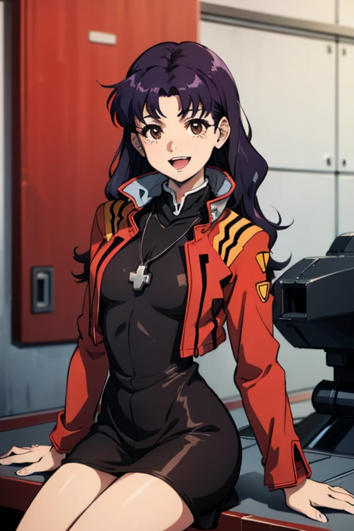 masterpiece, best quality, 1girl, solo, looking at viewer, EPngeKatsuragiMisato, purple hair, brown eyes, long hair, smile, detailed background, cowboy shot, long sleeves, dress, jewelry, medium breasts, sitting, jacket, :d, thighs, open clothes, necklace, black dress, open jacket, v, short dress, cross, red jacket, cropped jacket, w, cross necklace, cockpit,