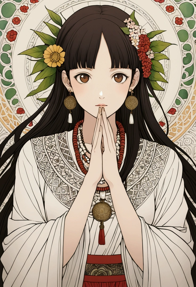2D, Pastel colors, watercolor, Low color saturation,
Line Art, ((Inspired by Takato Yamamoto)), 
1 Girl, Solitary, Long hair, Hair accessories, Long sleeve, skirt, Keep, Brown eyes, Jewelry, Shut up, Upper Body, Weaving, earrings, Artist Name, Pattern, Wide sleeves, necklace, plant, yellow 花, 
 