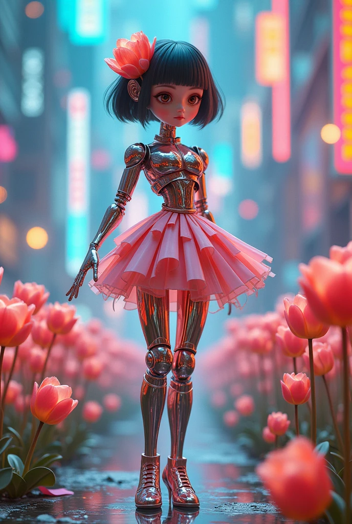 (3d，Mechanical feel，cute，Backscrapered 1girl，Tulips)，(使用广角镜头拍摄whole body图像:1.9)，(masterpiece:1.1)，(Highest quality:1.1)，(High resolution:1.0)，Zhou Haoguang，super high quality，(Ultra-detailed original illustrations)，(1 girl，whole body)，(彩虹Tulips花裙)，(Thin thighs)，(由Tulips花朵制成的鞋子: 1.5)，((Harajuku fashion))，((Flower with human eyes，Eye disorders))，Double exposure，A fluid fusion of abstract art，Fault，(Original illustration composition)，(Limited color blending，Extreme art style，Geometric art style), , Colorful neon lights，High-tech machine parts，Metal body，(详细的振金Tulips花朵设计:1.9)，Vibrant colors，动态发光Tulips花朵，Reflective metal surface，Bright environment，Dynamic pose，Exquisite presence，Skill Development，Interlocking Mechanical Gears，Stylish design，Motion Blur Effect，Detailed processing of metal，Sci-fi atmosphere，Streamlined, aerodynamic shape，Laser Scan Pattern，Holographic Projection，led light track，Beautiful and unforgettable，Advanced Sensors，Complex algorithms，Ominous and mysterious atmosphere，Electric spark，shiny chrome，future propulsion system，(Highest quality，8k，High resolution，masterpiece:1.2)，Very detailed，(whole body:1.8), magazine photograph，一个cute的女孩形象，Popular on social platforms，((dopamineism))，(((dopamine color matching)))，dopamine，(Y2K風に)，Luo Erchun，3dアンティークスタイル，Oriental poetry and painting