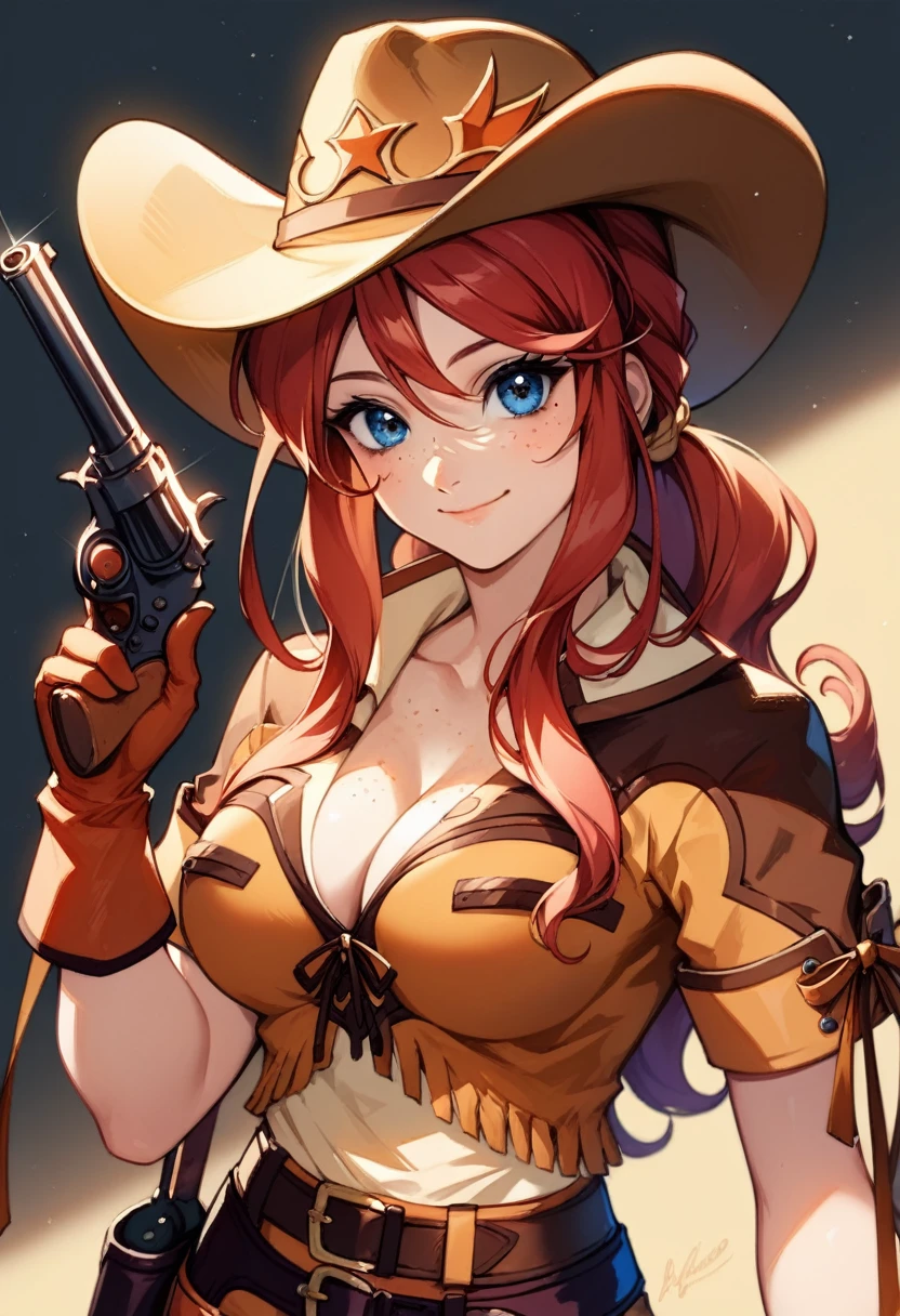 score_9, score_8_up, score_7_up, very aesthetic, source_anime, detailed, high quality, beautiful, masterpiece, detailed eyes,
(Simple dark background), blurry background,
cowboy shot, upper body, (light smile), facing the viewer, looking at the viewer,
gemini sunrise, red hair, long hair, blue eyes, freckles, sidelocks, big breasts, cleavage,
belt, thigh strap, cowboy hat, cowboy boots, fringe trim, gloves, miniskirt, (revolver gun), zPDXL