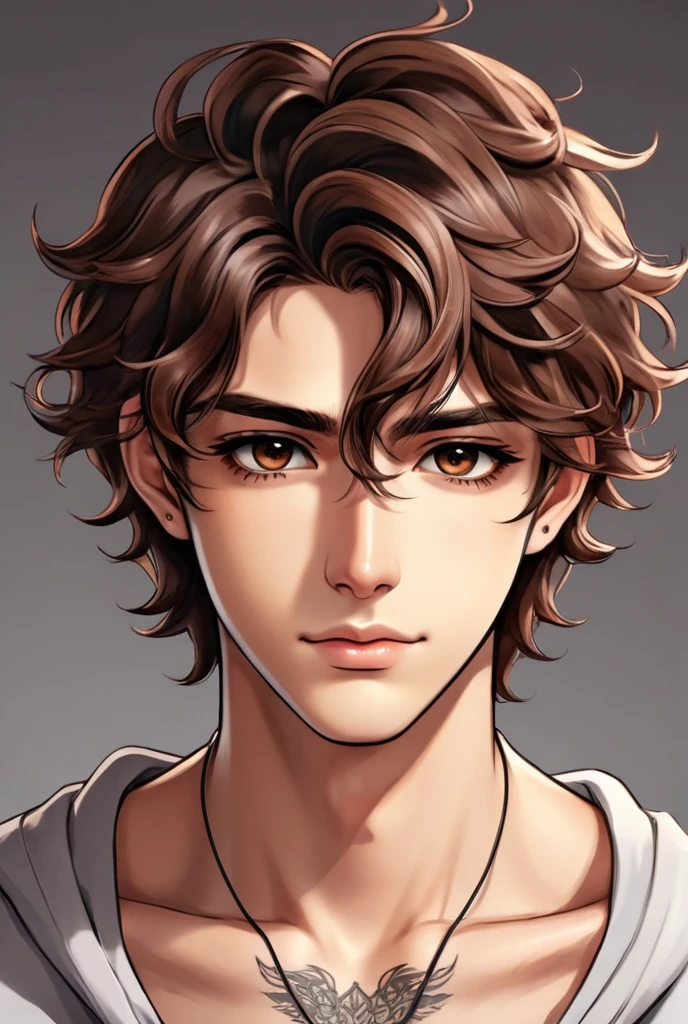 Handsome beautiful college boy with brown wavy hairs, tattoo on his neck and deep brown eyes in anime style image