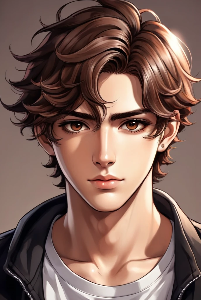 Handsome beautiful college boy with brown wavy hairs, tattoo on his neck and deep brown eyes in anime style image