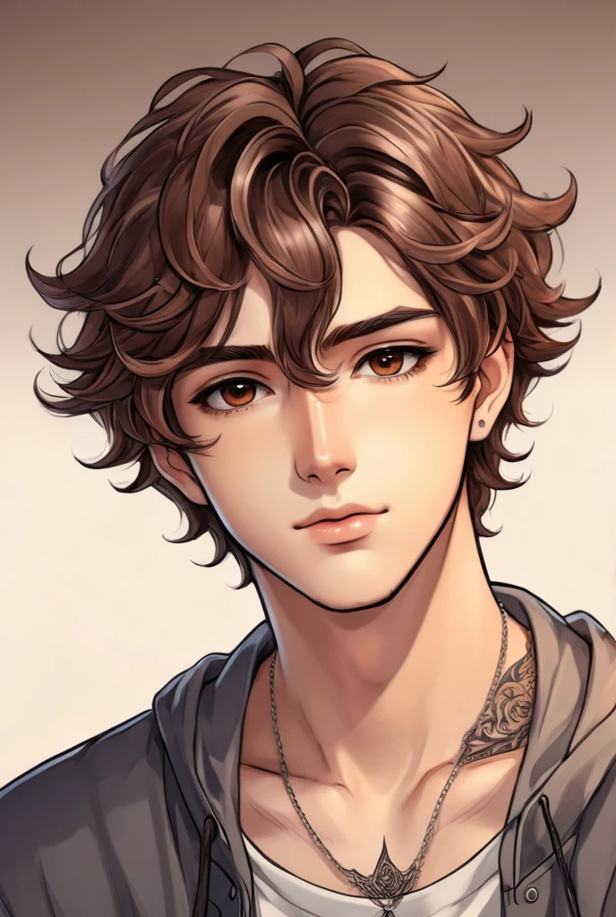 Handsome beautiful college boy with brown wavy hairs, tattoo on his neck and deep brown eyes in anime style image