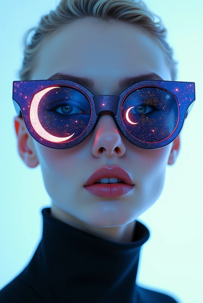 The model is wearing glass sunglasses with stars and the moon on the glass