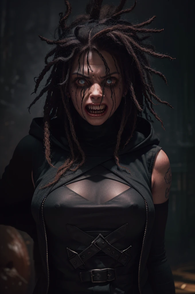 (raw photo, best quality) , (Realistic, photo-realistic: 1.3), Extremely formidable, masterpiece, ultra-detailed, high resolution, Best illustration, best shadow, complex, depth of field, horror, scary, scary, frightening, terrible, only, 1boy, dirty hair, dreadlocks(scary eye), crazy bad eyes, crazy monster smile with pointed teeth, Look at the viewer, black clothes, black jacket sleeveless hood, blood, sangy, crazy expression, sharpness, volumetric fog, 8k uh, DSLR, High quality, (film grain: 1.4), Fujifilm XT3, darkness, night