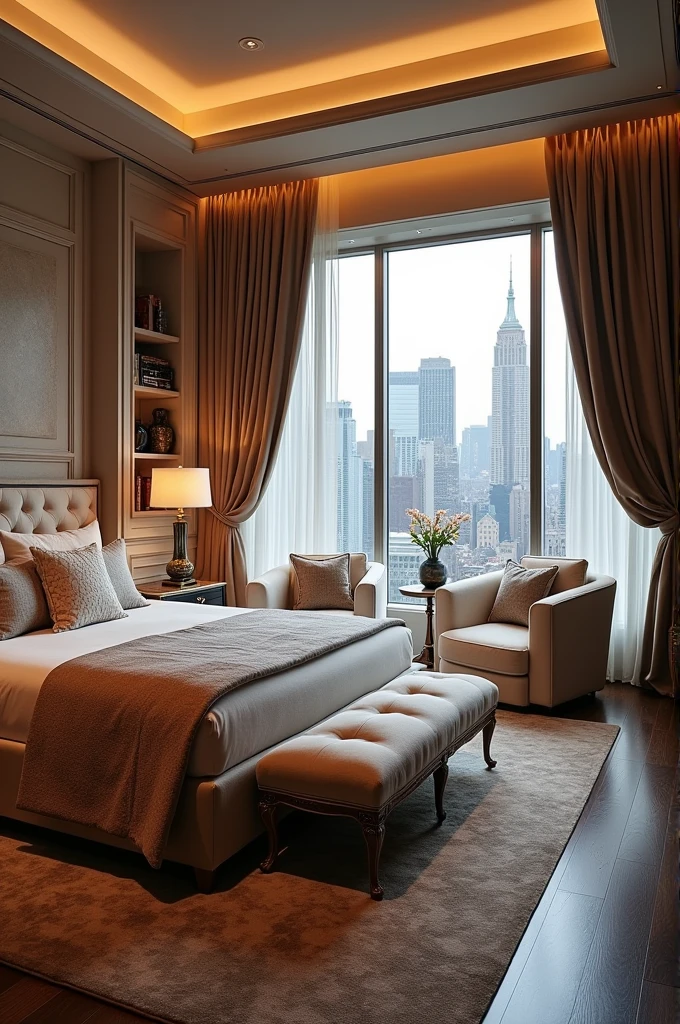 Imagine a billionaire's retreat in a New York City mansion, designing a serene and luxurious bedroom oasis with top-of-the-line features.