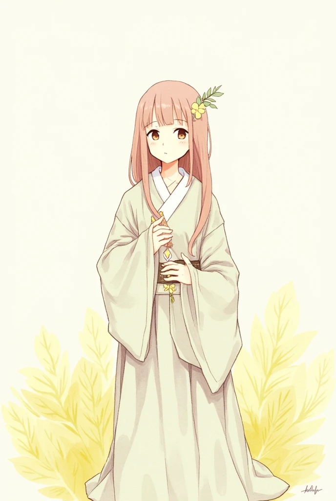 2D, Pastel colors, watercolor, Low color saturation,
Line Art, ((Inspired by Takato Yamamoto)), 
1 Girl, Solitary, Long hair, Hair accessories, Long sleeve, skirt, Keep, Brown eyes, Jewelry, Shut up, Upper Body, Weaving, earrings, Artist Name, Pattern, Wide sleeves, necklace, plant, yellow 花, 
 