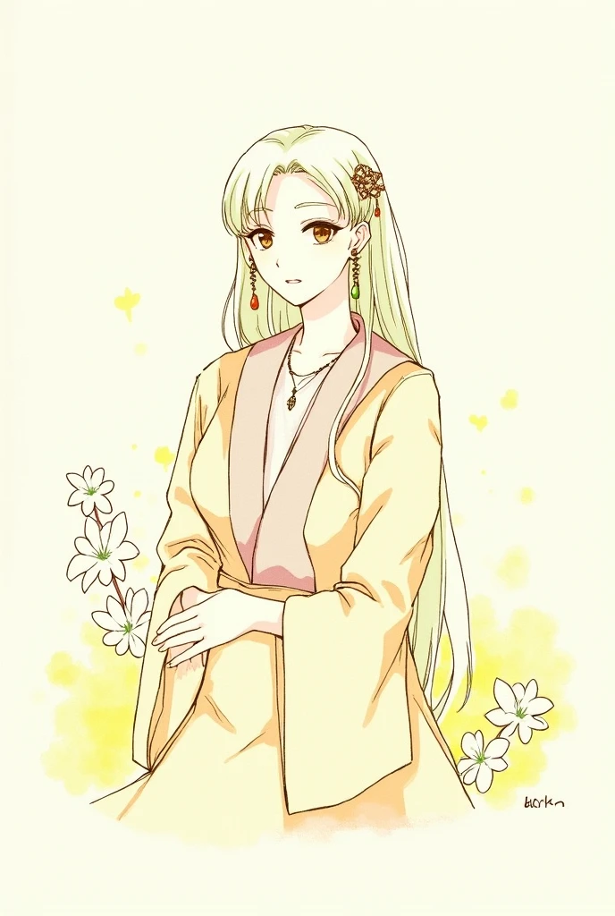 2D, Pastel colors, watercolor, Low color saturation,
Line Art, ((Inspired by Takato Yamamoto)),
1 Girl, Solitary, Long hair, Hair accessories, Long sleeve, skirt, Keep, Brown eyes, Jewelry, Shut up, Upper Body, Weaving, earrings, Artist Name, Pattern, Wide sleeves, necklace, plant, yellow 花,