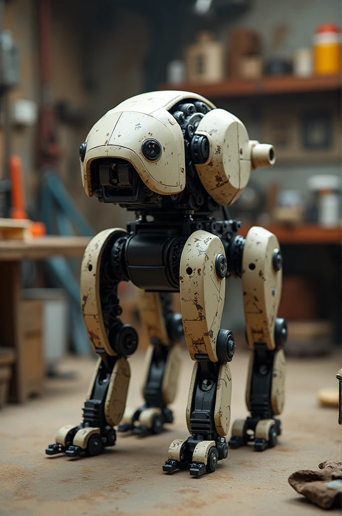 A quadruped robot made in a workshop.The legs are short.No face.Animal-like appearance.simple